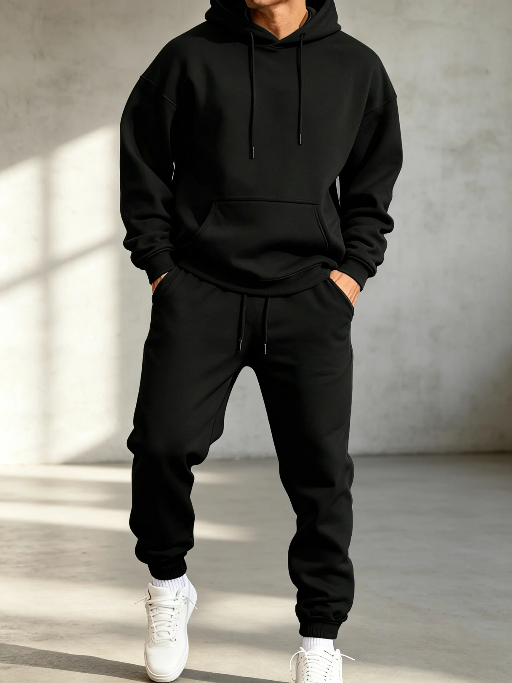 Mens Fashion Clothes - ชุดฮู้ดดี้ผู้ชาย ชุดสองชิ้นสีพื้นสำหรับฤดูหนาว เสื้อฮู้ดแขนยาวและกางเกงวอร์มขายาว สไตล์สตรีท ลำลอง ใส่เล่นกีฬา