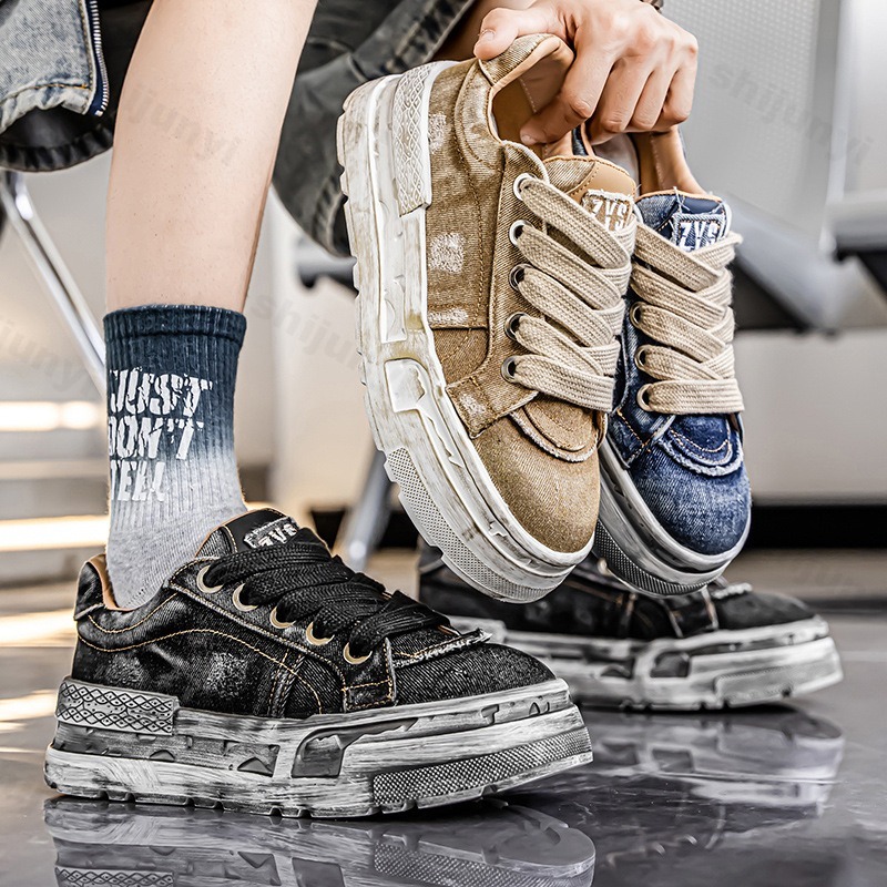 Mens Fashion Trainers - ผู้ชาย 2025 ฤดูร้อนใหม่VINTAGE Casualแบนรองเท้าอเนกประสงค์แนวโน้มแฟชั่นรองเท้าNicheออกแบบหนาSoled DENIM Chunkyรองเท้าผ้าใบ