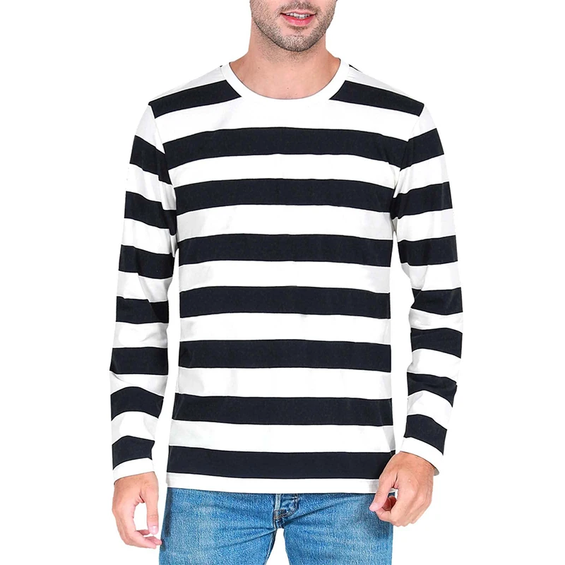 Mens Fashion Clothes - เสื้อยืดแขนยาวผู้ชายพิมพ์ลาย 3 มิติ ลายทางตัดกัน แฟชั่นลำลอง คอกลม
