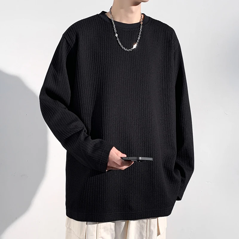 Men'S Fashion T Shirts - เสื้อยืดแขนยาวคอกลมผ้าถักลายริบสำหรับผู้ชาย สีพื้น ทรงหลวม นุ่มสบาย สไตล์ลำลอง เสื้อพื้นฐาน