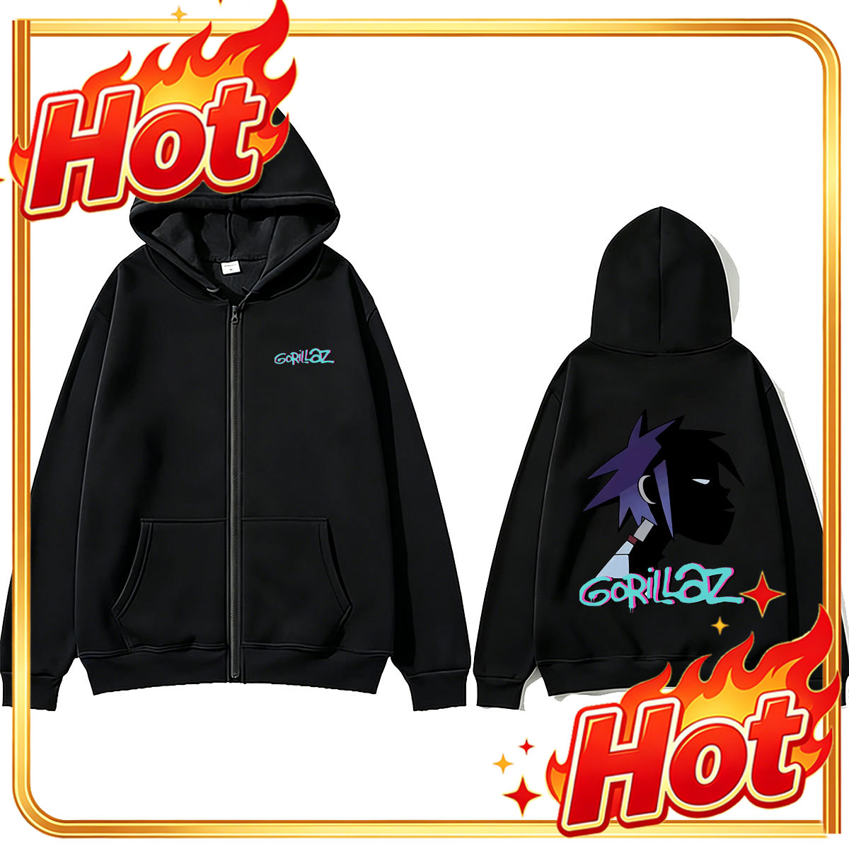 Mens Fashion Zip Up Hoodies - เสื้อฮู้ดมีซิป ลายกราฟิกหน้า Gorillaz วงร็อก แฟชั่นฮิปฮอป โอเวอร์ไซส์