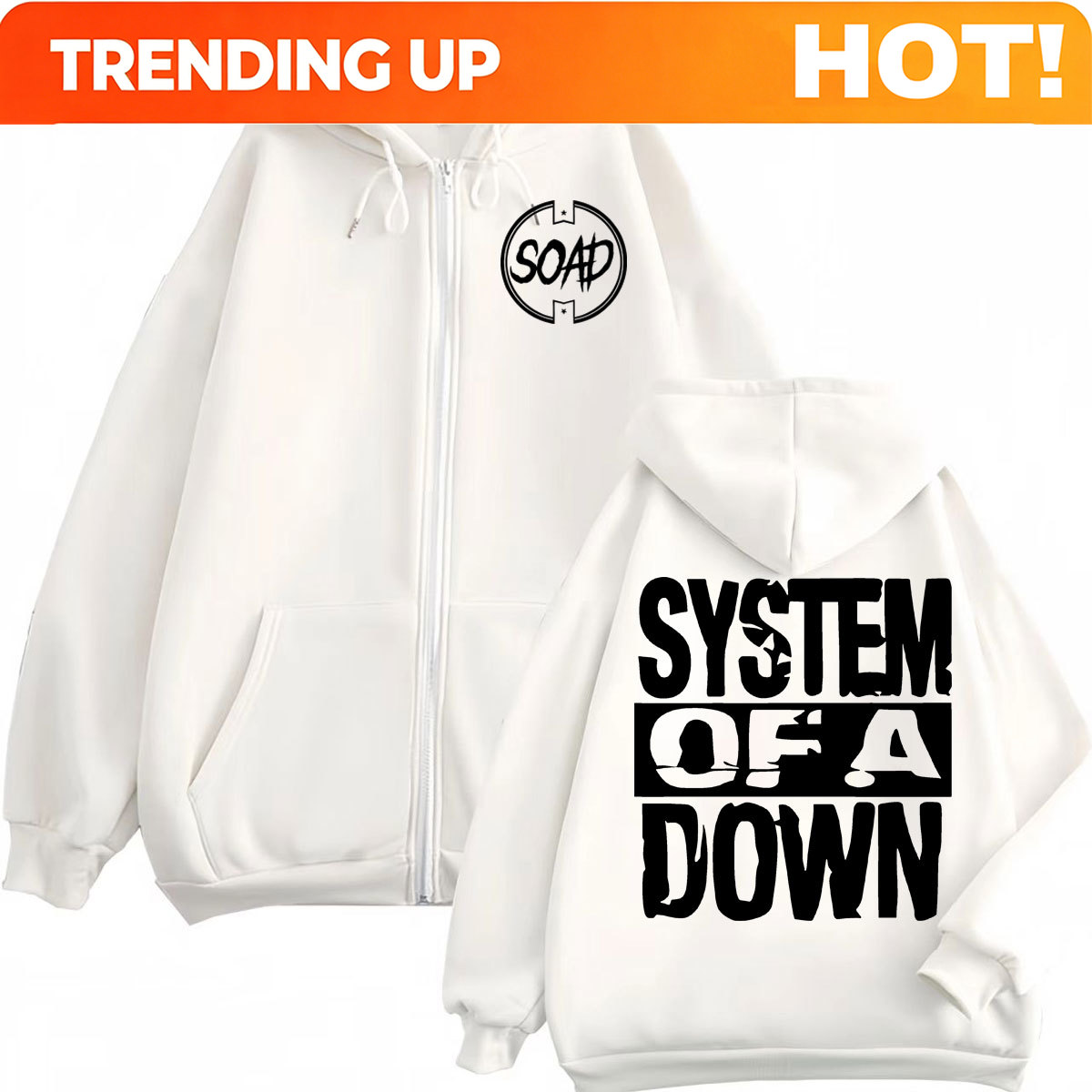 Mens Fashion Zip Up Hoodies - เสื้อฮู้ดซิปพิมพ์ลายวงดนตรี Rock Band System of A