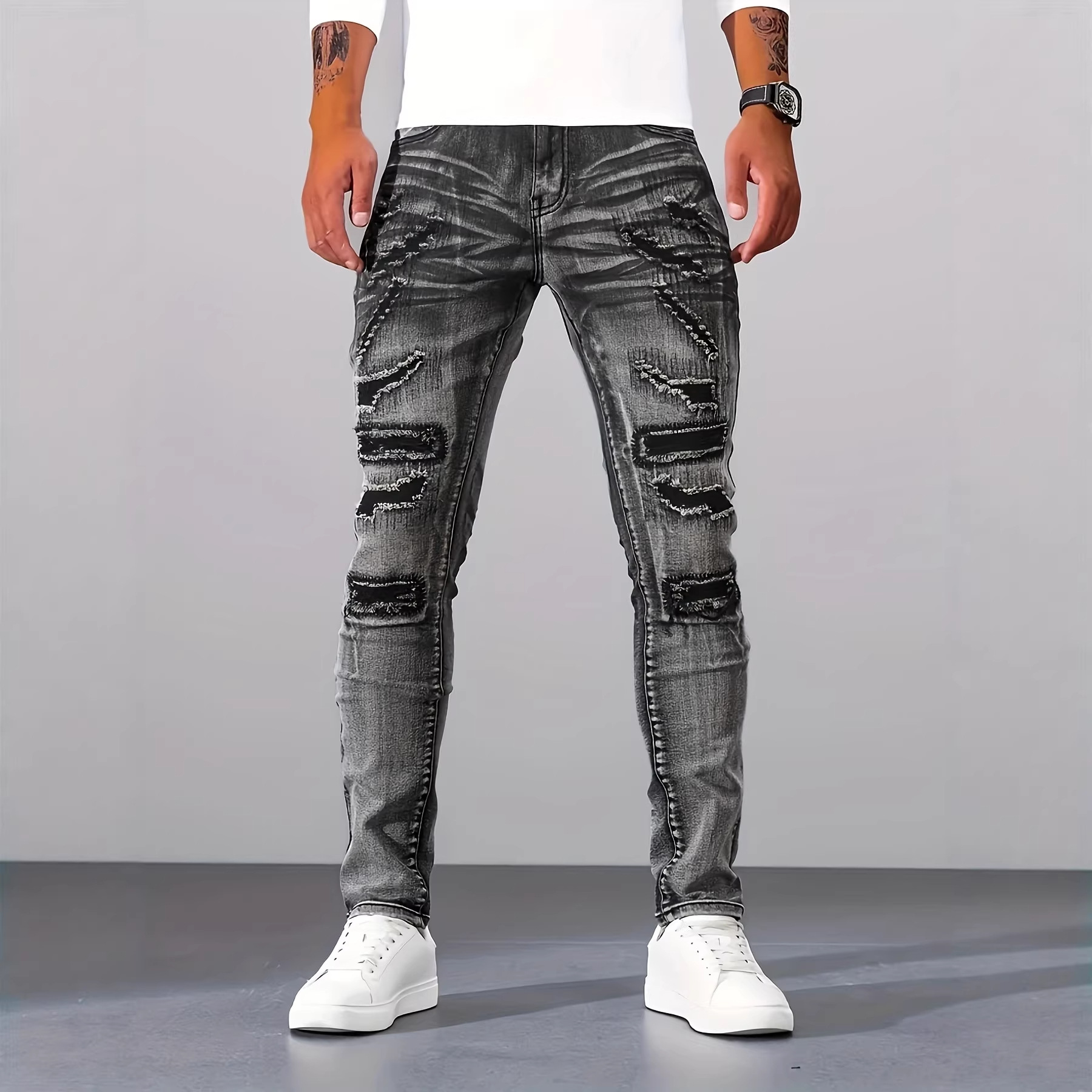 Men'S Fashion Grey Jeans - กางเกงยีนส์ผู้ชายสีเทาทรงสลิมเรียบง่ายลำลองสำหรับใช้ในชีวิตประจำวัน มีดีไซน์ขาดและปะ พร้อมคุณสมบัติยืดหยุ่นสูง สไตล์อเมริกันแฟชั่นใหม่