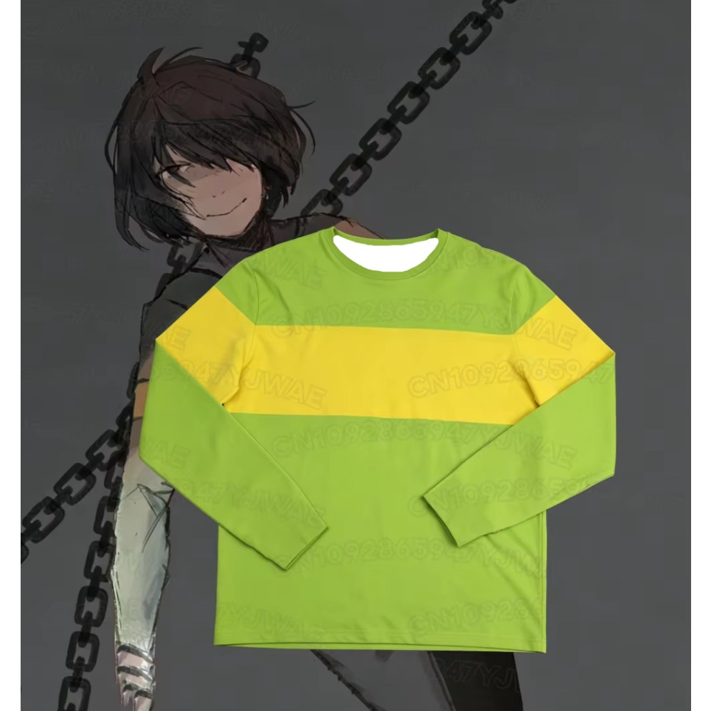 Mens Fashion Clothes - เสื้อยืดแขนยาวลายทางสีเขียวและสีเหลืองสไตล์แฟชั่นสำหรับผู้ชายและผู้หญิง ลายการ์ตูนอนิเมะน่ารัก เหมาะสำหรับใส่ในฤดูใบไม้ร่วง คอสเพลย์เดลทารันคริส
