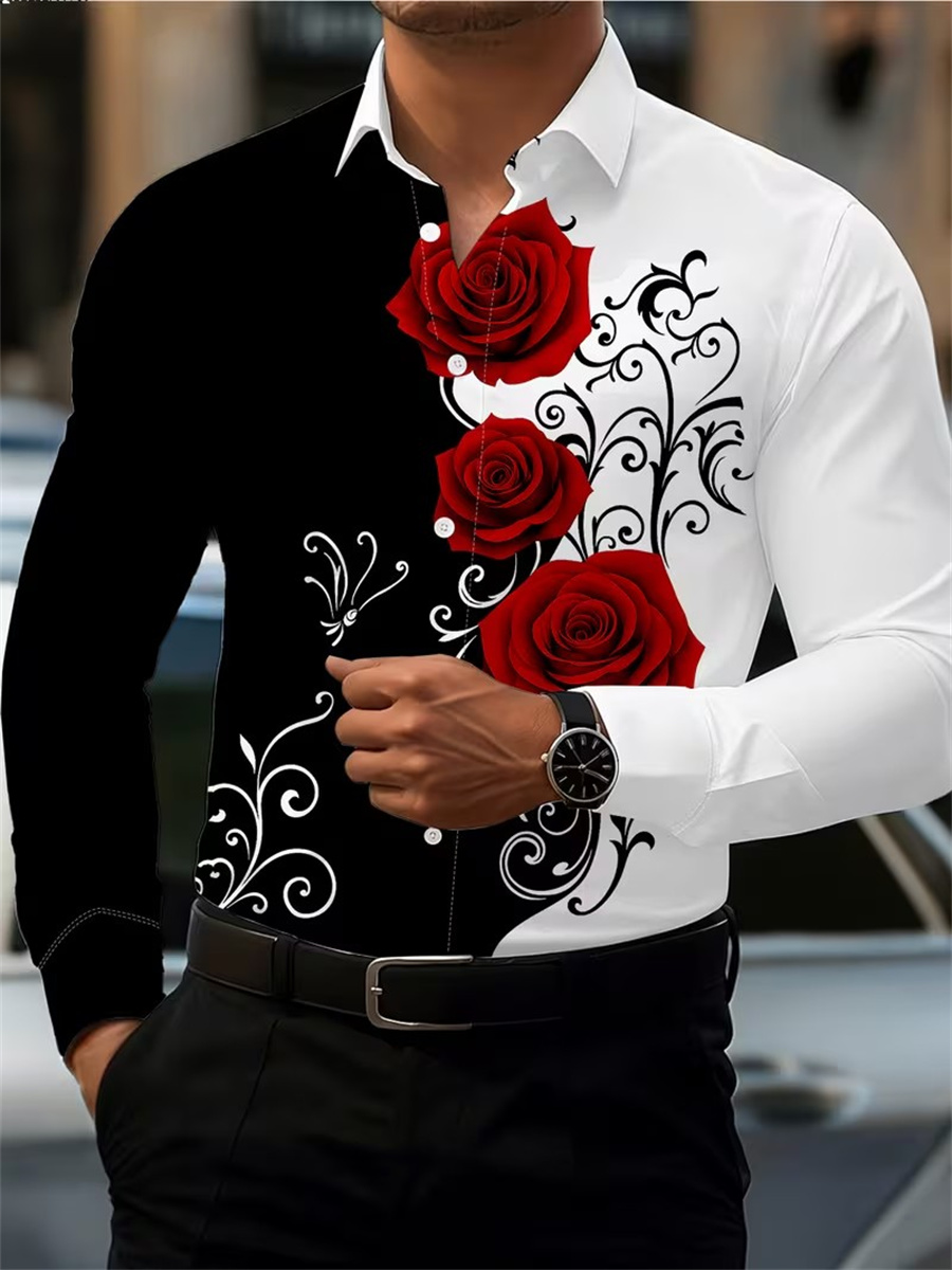 Mens Fashion Clothes - เสื้อเชิ้ตแขนยาวพิมพ์ลายดอกกุหลาบสีแดงสำหรับผู้ชาย ทันสมัยและลำลอง