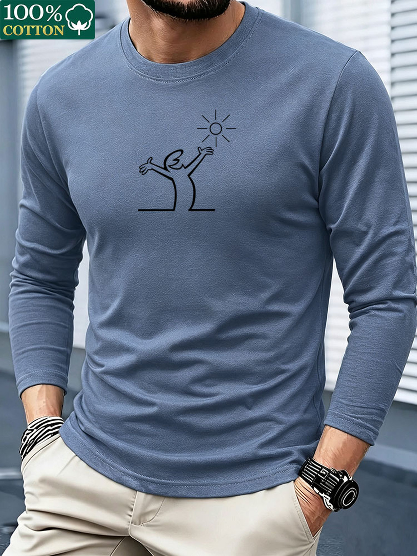 Mens Fashion Summer - เสื้อยืดแขนยาวผู้ชาย คอตตอน 100% คอกลม สวมใส่สบาย ลำลอง