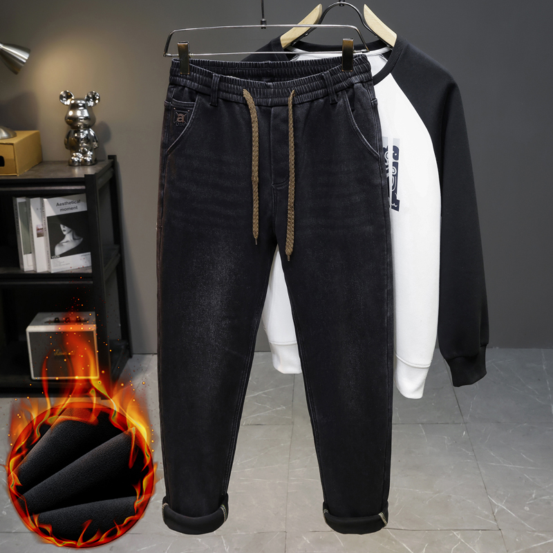 Men'S Fashion Grey Jeans - กางเกงยีนส์บุขนสำหรับผู้ชาย คอลเลคชั่นฤดูหนาวใหม่ เอวยางยืดมีเชือกผูก สไตล์วินเทจ สีดำเทา หนา